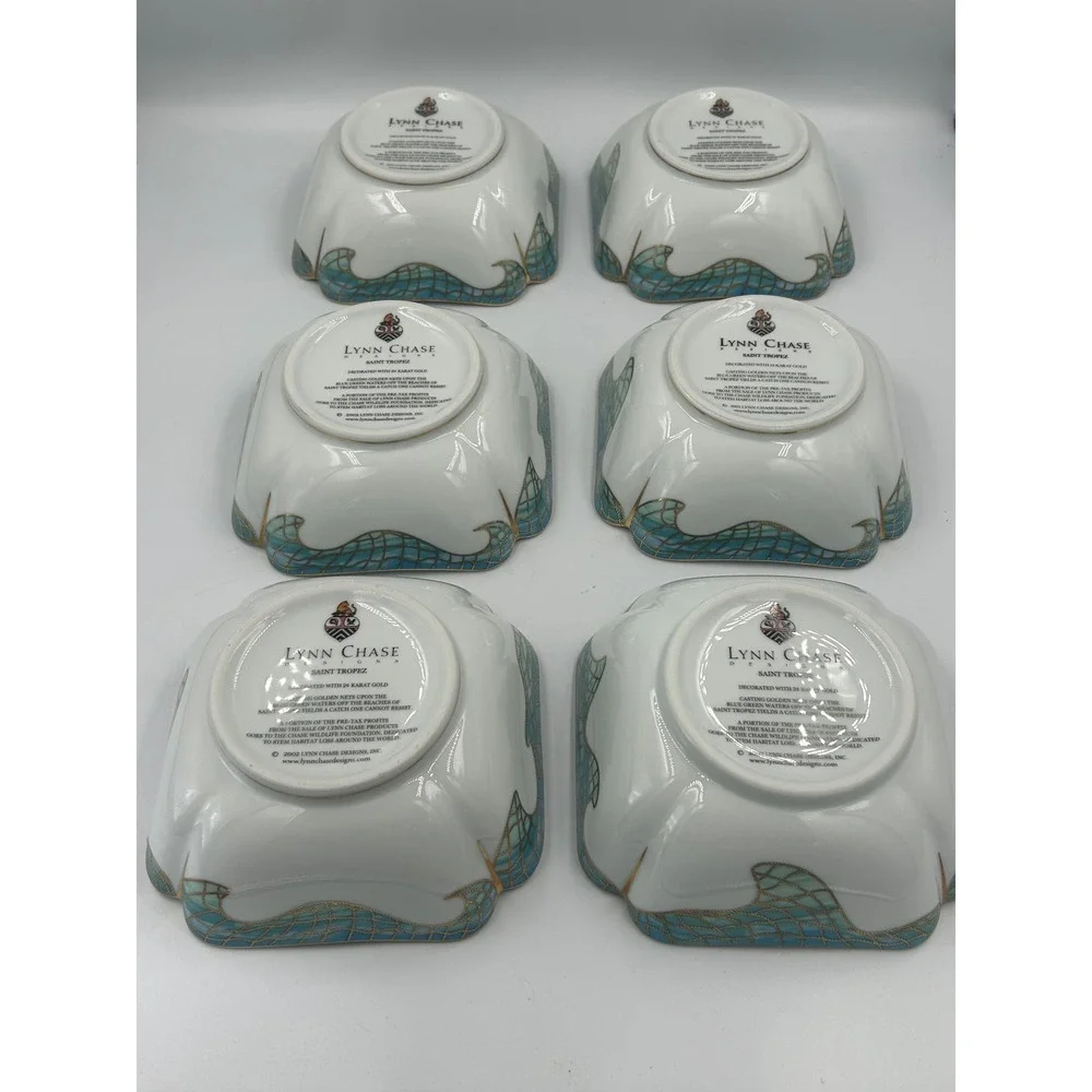 Lynn Chase Saint Tropez Porcelain Bowls 24K Gold Trim Coastal Shells Set of 6